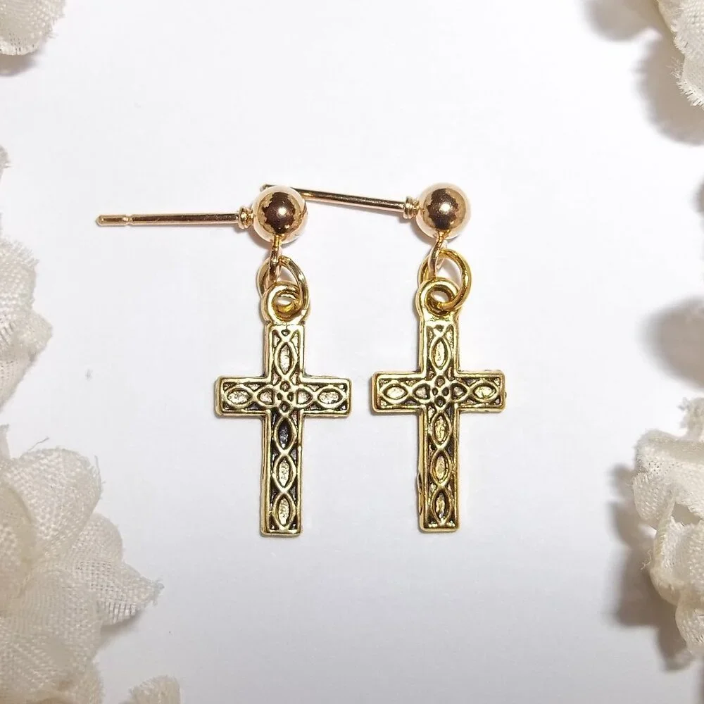 Gold Cross Post Earrings Unisex Jewelry Dangle Drop Fashion Accessory Set C631